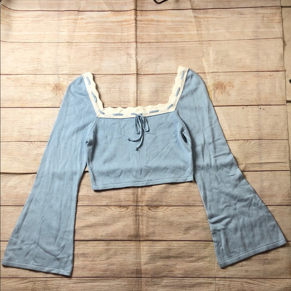 Dee Elly Blue Flare Sleeve Square Neck Crop‎ Top 💜